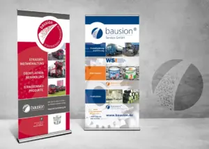 Zwei Roll-up-Banner für Bausion Straßenbau und Bausion Service