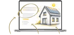 Laptop mit Photovoltaik-Website neben einem Einfamilienhaus mit Solaranlage