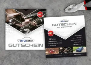 Gutschein im Corporate Design von KFZ Senft, Vorder- und Rückseite