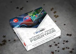 Weihnachtliche Geschenkbox mit Feiertagsgruß von KFZ Senft