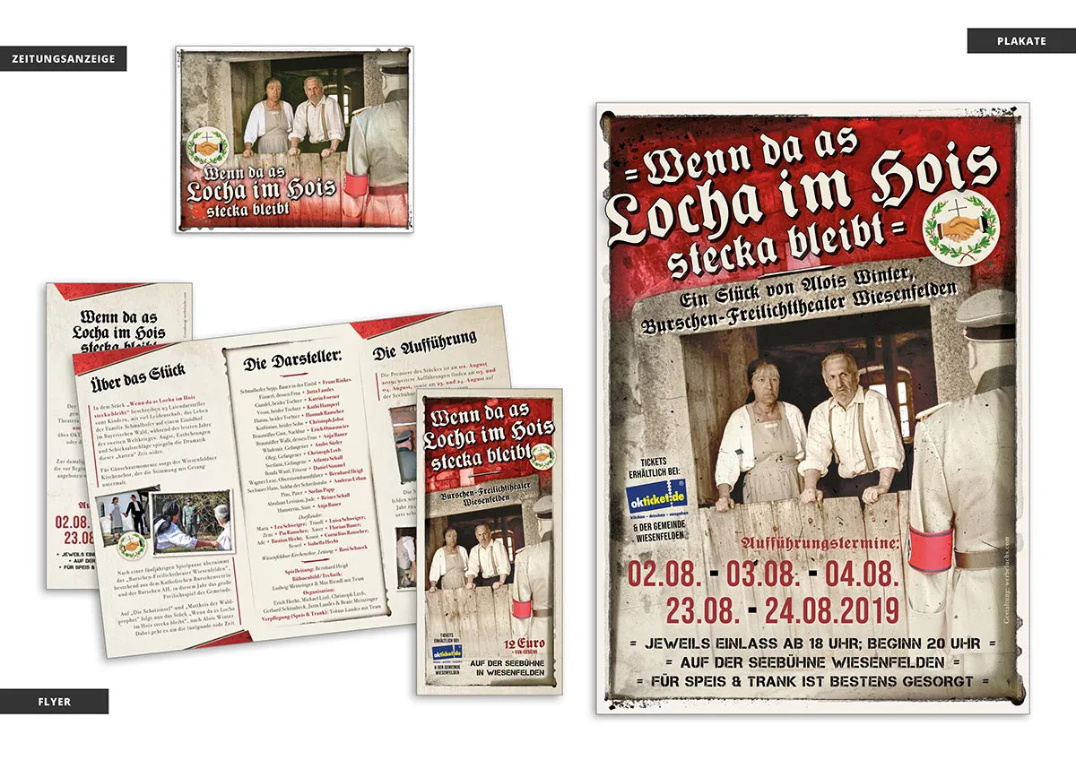 Verschiedene Werbemittel für Vereinswerbung, wie Flyer, Speisekarten und Plakate für das Burschen-Freilichttheater Wiesenfelden