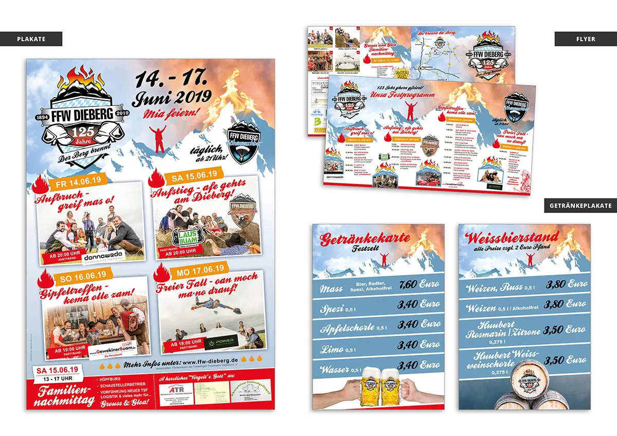 Verschiedene Werbemittel für Vereinswerbung, wie Flyer, Speisekarten und Plakate für die FFW Dieberg