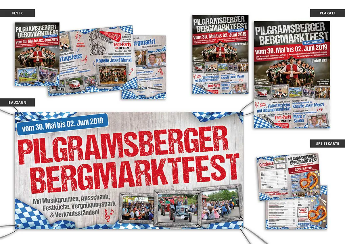 Verschiedene Werbemittel für Vereinswerbung, wie Flyer, Speisekarten und Plakate für das Pilgramsberger Bergmarktfest