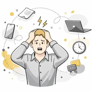 Gestresster Unternehmer, umgeben von Symbolen für Anfragen, Termine und Zeitdruck