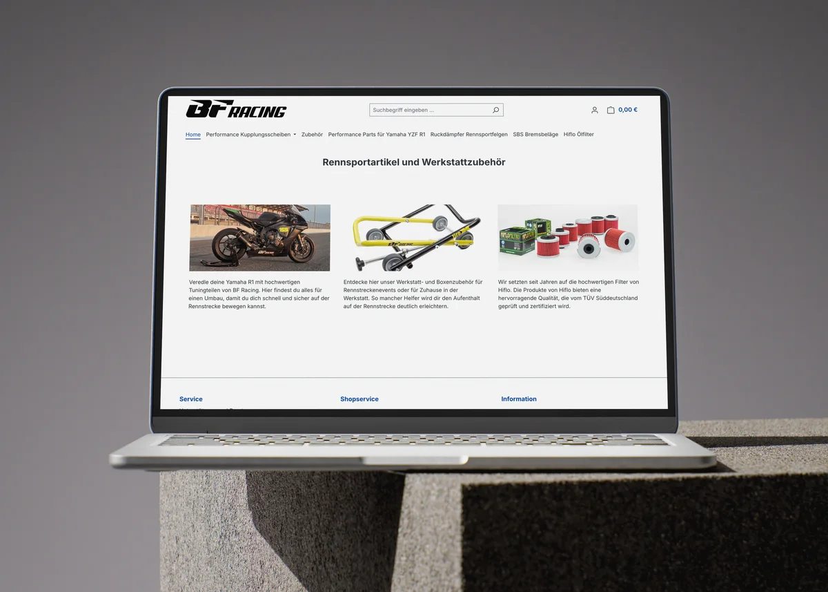 Onlineshop von BF Racing Onlineshop von Bavarian Forest Racing auf einem Laptop