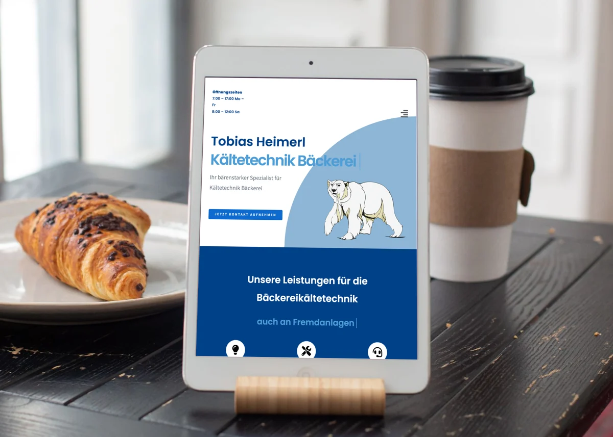 Webseite von Kältetechnik Heimerl Webseite von Tobias Heimerl Kältetechnik auf einem Tablet